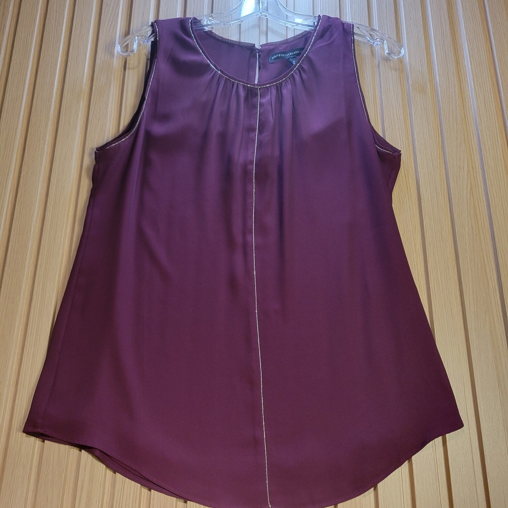 White House Black Market Plum Burgundy Gold Chain Trim Sleeveless Blouse Top 8